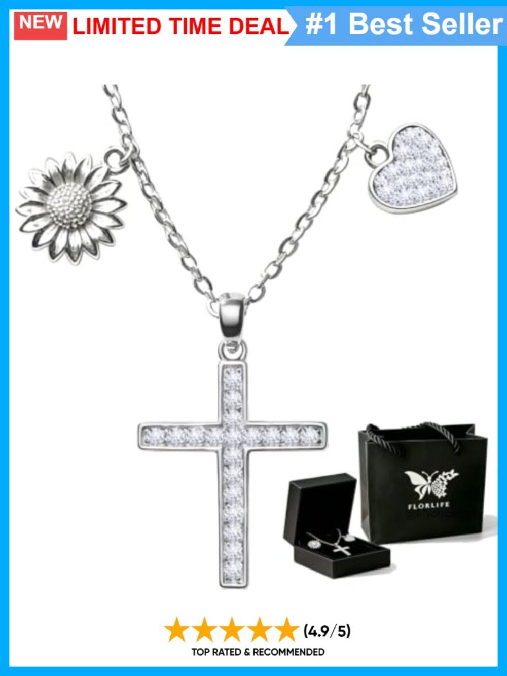 S925 Sterling Silver Cross Necklace 18K White Gold Plated Pendant
